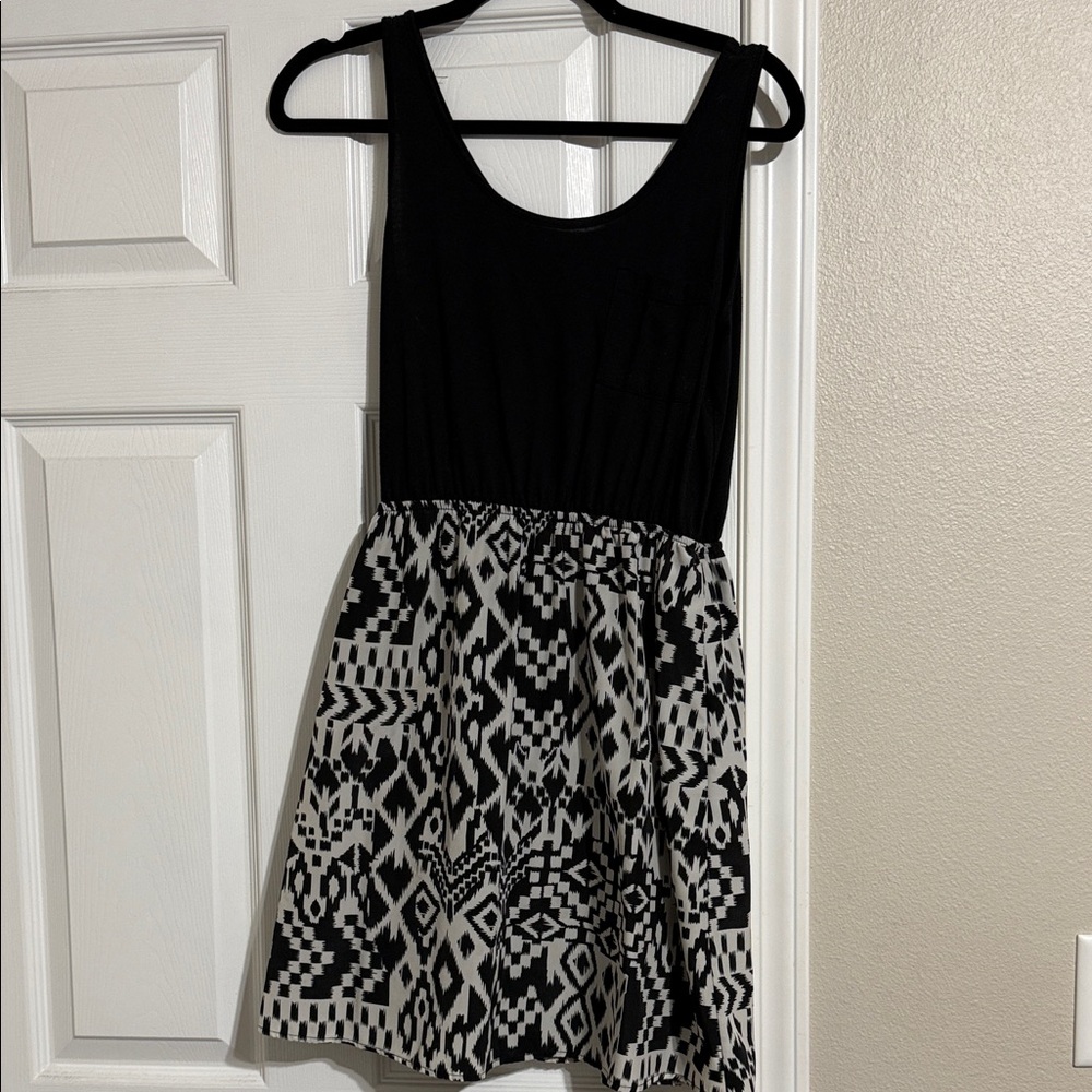 Charming Charlie Black Tank Bodice with Black & White Geometric Skirt Mini Dress
